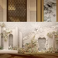 Luxurious Banquet Hall Decor With White Floral Arches And Carved Frames