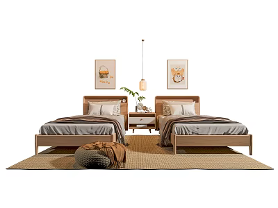 Single Beds With Wooden Headboards Gray Beige Bedding Nightstand Lamp Wall Paintings And Rug 3d model