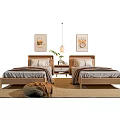 Single Beds With Wooden Headboards Gray Beige Bedding Nightstand Lamp Wall Paintings And Rug