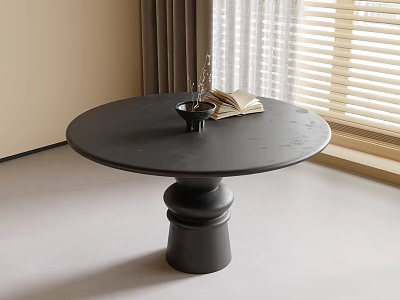 Black Round Dining Table in Modern Interior with Vase Plant and Open Book 3d model