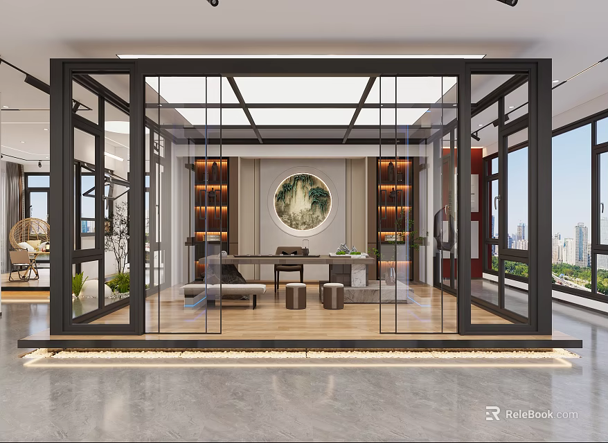Modern Boutique Store Interior With Glass Doors Circular Decor And Display Shelves 3d model 