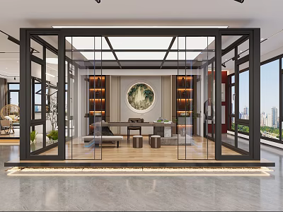 Modern Boutique Store Interior With Glass Doors Circular Decor And Display Shelves 3d model