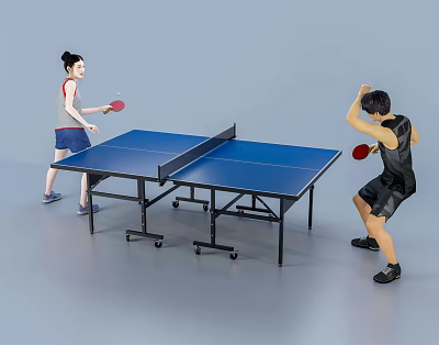 Two People Playing Table Tennis On Blue Table Tennis Table 3d model