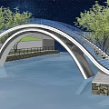 Modern Curved Bridge with Blue Railings Over Water Surrounded by Trees and Grass