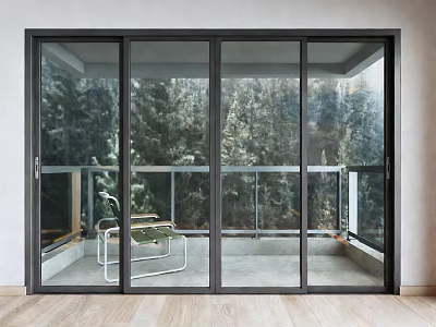Black Frame Glass Sliding Doors Connecting Indoor And Balcony With Tree View 3d model