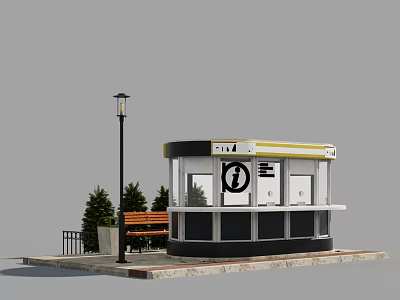 Roadside Facilities With ATM Booth Street Lamp Wooden Bench And Green Trees 3d model