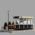 Roadside Facilities With ATM Booth Street Lamp Wooden Bench And Green Trees