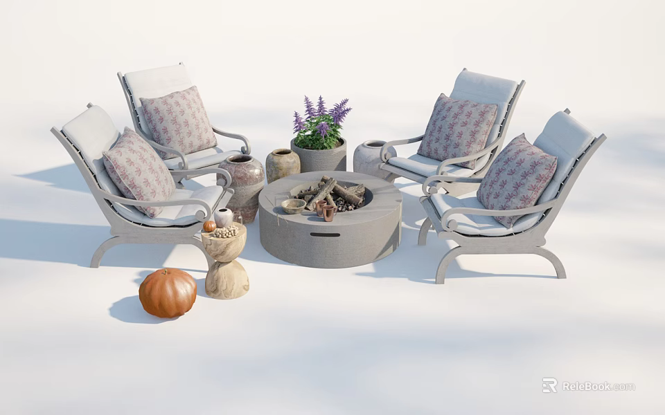 Cozy Outdoor Sofa Chairs With Patterned Cushions Round Fire Pit And Decorative Pumpkins 3d model