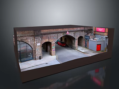 Detailed Street Scene Model Featuring Brick Arches Red Car Red Door And Signboard 3d model