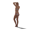 Blonde Woman in Floral Bikini Posing with Hands Above Head on White Background
