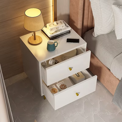 White Nightstand With Open Drawers Table Lamp Mobile Phone Books And Mug 3d model