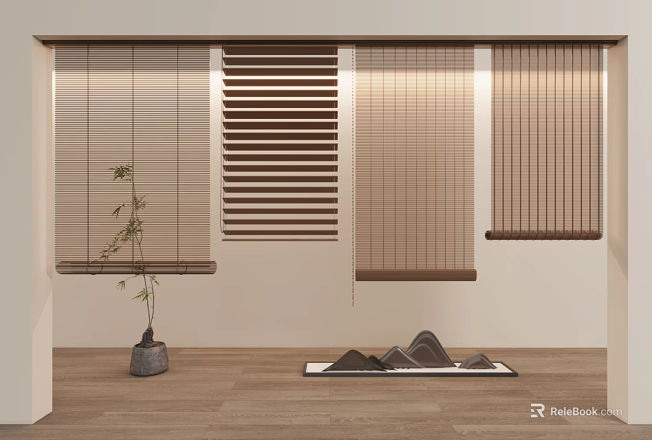 Modern Home Interior With Wooden Bamboo Blinds Decorative Plant And Rock Ornaments 3d model 