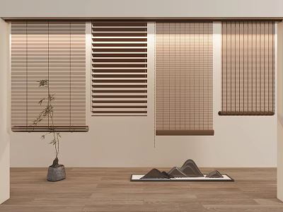 Modern Home Interior With Wooden Bamboo Blinds Decorative Plant And Rock Ornaments 3d model
