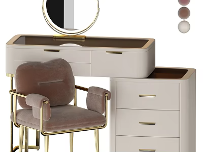 Elegant Modern Desk Setup With Brown Chair Mirror Gold Metal Drawers And Storage 3d model
