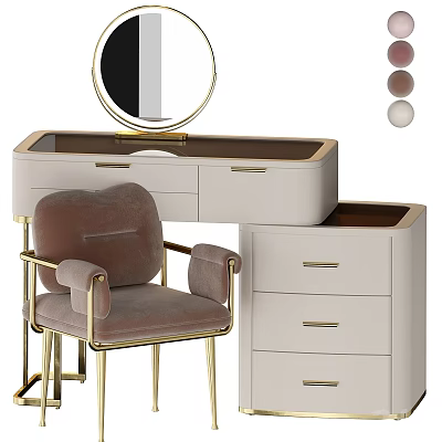 Elegant Modern Desk Setup With Brown Chair Mirror Gold Metal Drawers And Storage 3d model