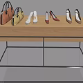 Wooden Swing Door Display Table With Leather Bags And Colorful Shoes On Metal Frame