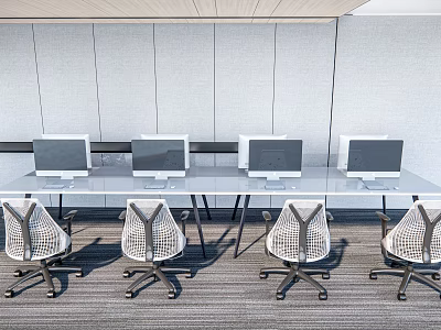 Modern Office Desks With Computer Monitors And Ergonomic Chairs Arrangement 3d model