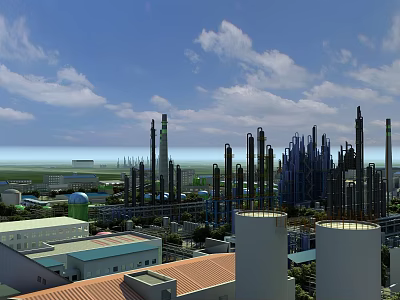 Large Industrial Plant With Multiple Chimneys Metal Pipes And Factory Buildings Under Blue Sky 3d model
