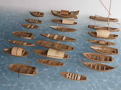 Various Traditional Wooden Boats Floating on Calm Blue Water Surface 3d model
