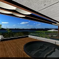 Modern Swimming Pool Area With Outdoor Lounge Wooden Deck And Glass Railings