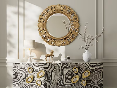 Elegant Entryway Console Table with Black White Marble Texture Golden Mirror Table Lamp and Vase 3d model
