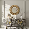 Elegant Entryway Console Table with Black White Marble Texture Golden Mirror Table Lamp and Vase