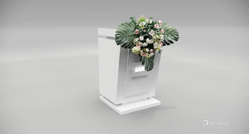 Sleek White Functional Desk With Decorative Flower Bouquet And Large Leaves 3d model 