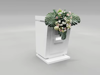Sleek White Functional Desk With Decorative Flower Bouquet And Large Leaves 3d model