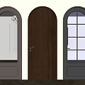 Stylish Arched Hinged Doors With Various Glass Golden Handles Dark Gray Black Finishes Wooden Floor