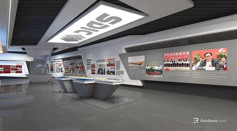 Modern Exhibition Hall Interior With Display Walls Images Texts And Counters 3d model