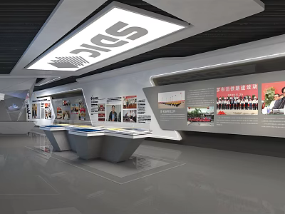 Modern Exhibition Hall Interior With Display Walls Images Texts And Counters 3d model