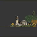 Picturesque Circular Scenic Landscape With Blue Water Tower Green Yellow Trees And Grass