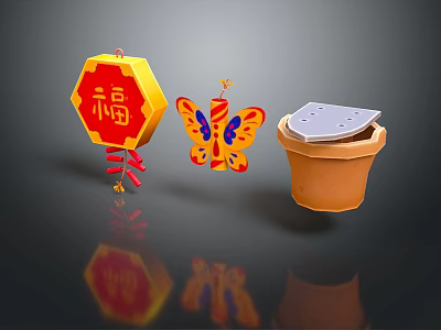 Commercial Decorative Equipment With Red Fu Character Ornament Butterfly Design And Perforated Flower Pot 3d model