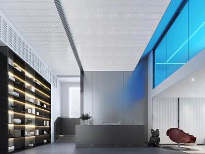 Modern Lounge Area Interior With Black Bookshelves Red Chair And Blue Glass Wall 3d model