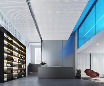 Modern Lounge Area Interior With Black Bookshelves Red Chair And Blue Glass Wall 3d model