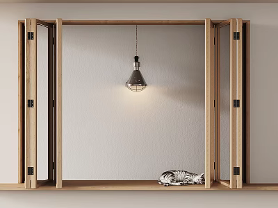 Open Light Wood Casement Window With Wooden Frame Hanging Lamp And Small Shelf Decorative Item 3d model