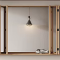 Open Light Wood Casement Window With Wooden Frame Hanging Lamp And Small Shelf Decorative Item