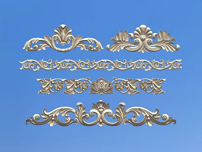 Intricate Decorative Carvings With Floral Scroll Patterns Against Blue Background 3d model