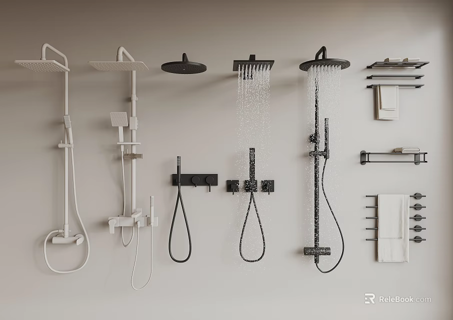 Various Modern Shower Head Designs Including Handheld And Overhead With Storage Shelves 3d model 