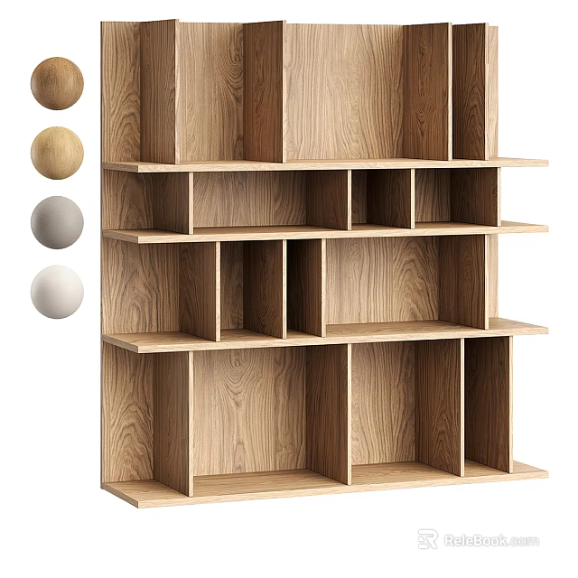 Modern Natural Wood Bookcase With Open Storage Compartments And Decorative Spheres 3d model 