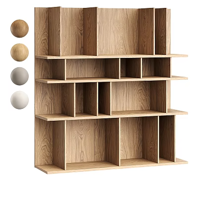Modern Natural Wood Bookcase With Open Storage Compartments And Decorative Spheres 3d model