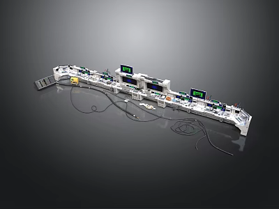 Modern Control Console Setup With Multiple Screens Operation Panels And Cables 3d model