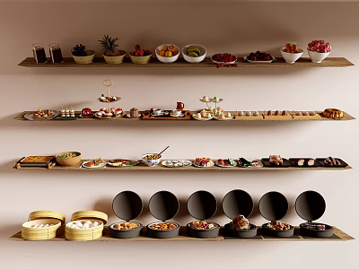 Multiple Wooden Shelves Displaying Various Foods Fresh Fruits Assorted Snacks And Steamer Baskets 3d model