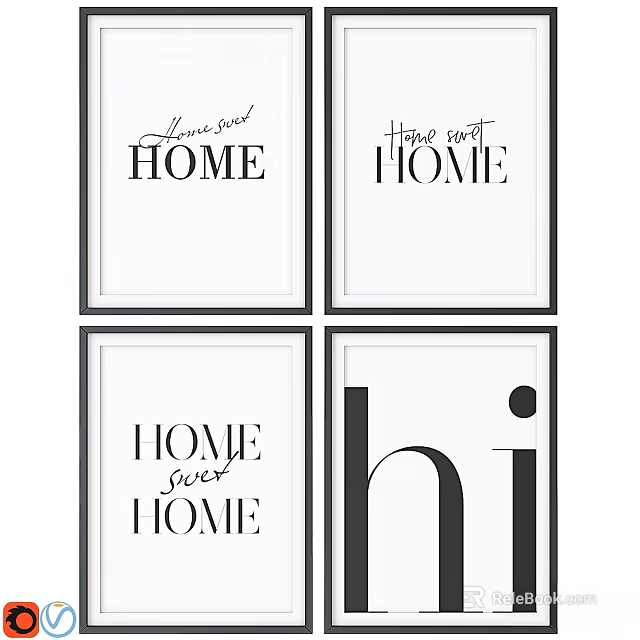 Set of Four Wall Frames With Home Sweet Home And Hi Typography Black White Design 3d model 