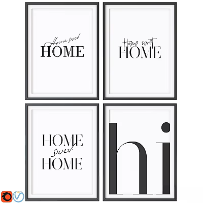 Set of Four Wall Frames With Home Sweet Home And Hi Typography Black White Design 3d model