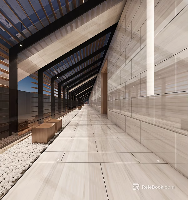Modern Office Corridor Interior With Wooden Ceiling Tile Flooring And Wall Lighting 3d model 