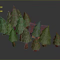 3D Modeled Green Pine Trees With Brown Trunks And Red Cart On Gray Background