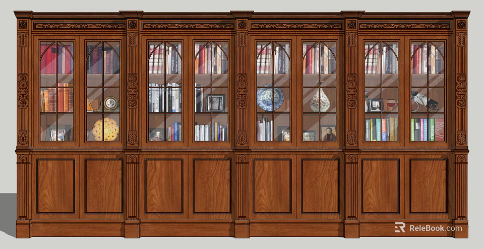 Elegant Traditional Wooden Carved Bookcase With Glass Doors And Decorative Books Ornaments 3d model 