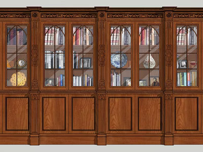 Elegant Traditional Wooden Carved Bookcase With Glass Doors And Decorative Books Ornaments 3d model