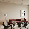 Cozy Modern Minimalist Living Room With Burgundy Sofas And Stylish Lounge Chairs Tasteful Wall Art